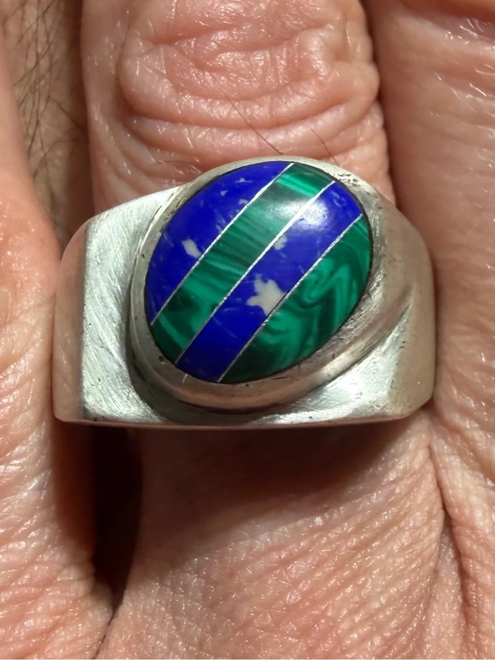 Vintage TAXCO Mexico 925 Sterling Silver Malachite Lapis Ring Size 11.5